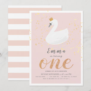 Invitation Swan Princess Rose Girl 1er anniversaire