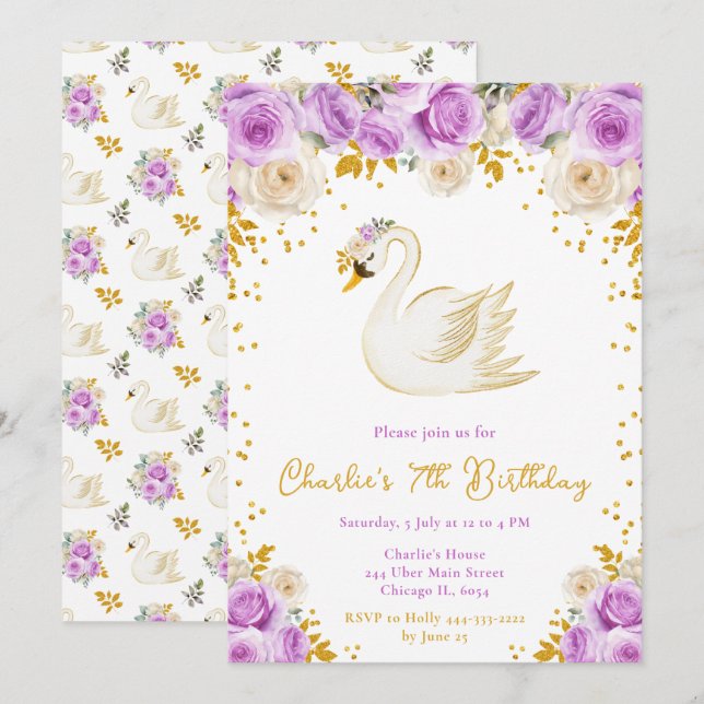 Invitation Swan Purple et Gold Roses fête d'anniversaire (Devant / Derrière)