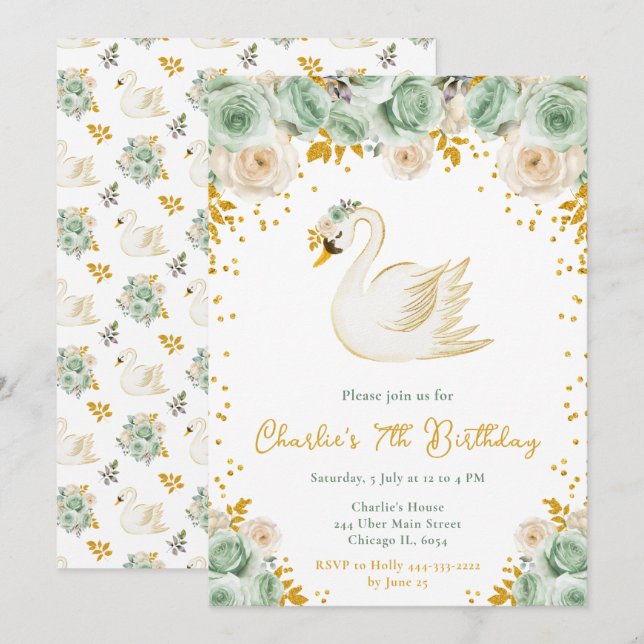 Invitation Swan Sage Green et Gold Roses fête d'anniversaire (Devant / Derrière)