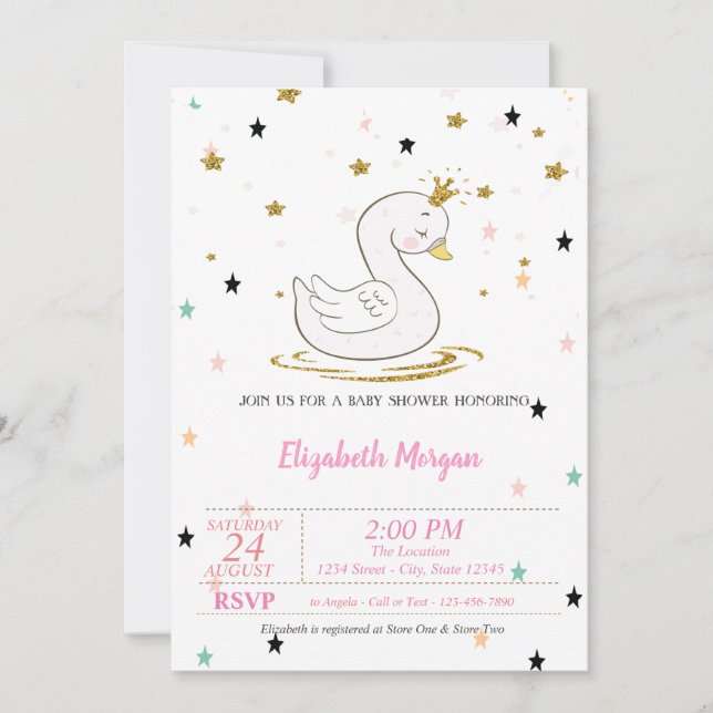 Invitation Swan, Tiara, Étoiles, Baby shower Princesse (Devant)