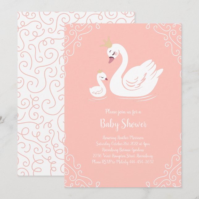 Invitation Swans Baby shower Oiseau avec héritier (Devant / Derrière)