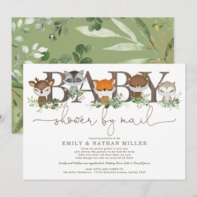 Invitation Sweenery Woodland Forest Baby shower Par Mail (Devant / Derrière)