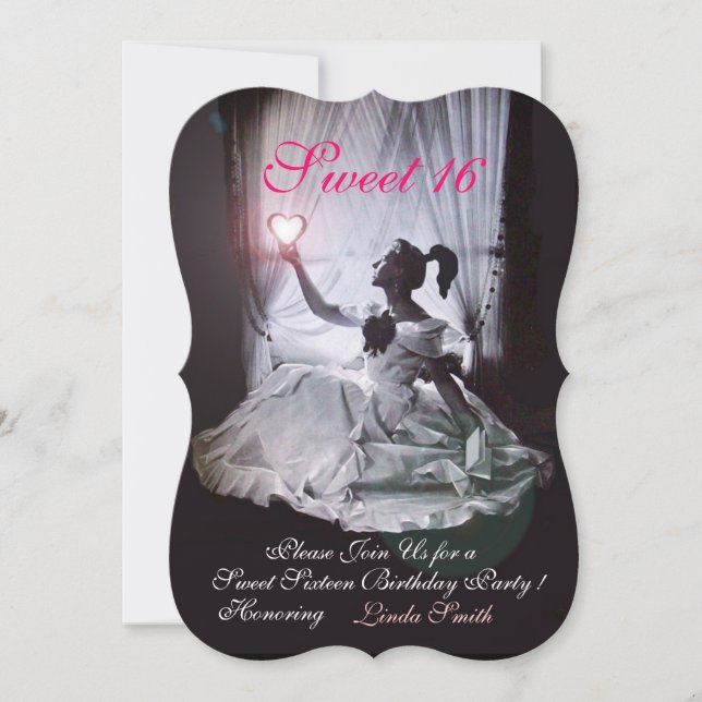 INVITATION SWEET16 FÊTE, ROSE, DOMMAQUE NOIR ET BLANC (Devant)