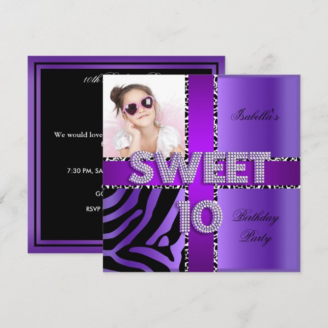 Invitation Sweet 10 10e anniversaire Zebra Vache pourpre Noir (Devant / Derrière)