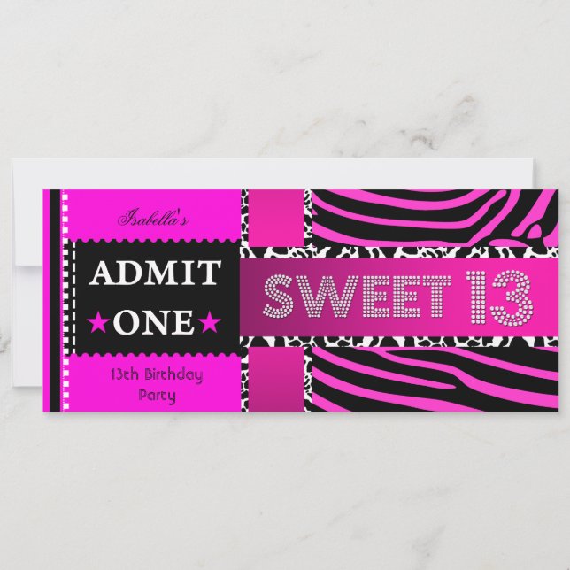 Invitation Sweet 13 13e anniversaire Zebra Cow Hot rose Noir (Devant)