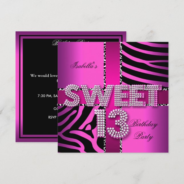 Invitation Sweet 13 13e anniversaire Zebra Cow Rose Noir (Devant / Derrière)