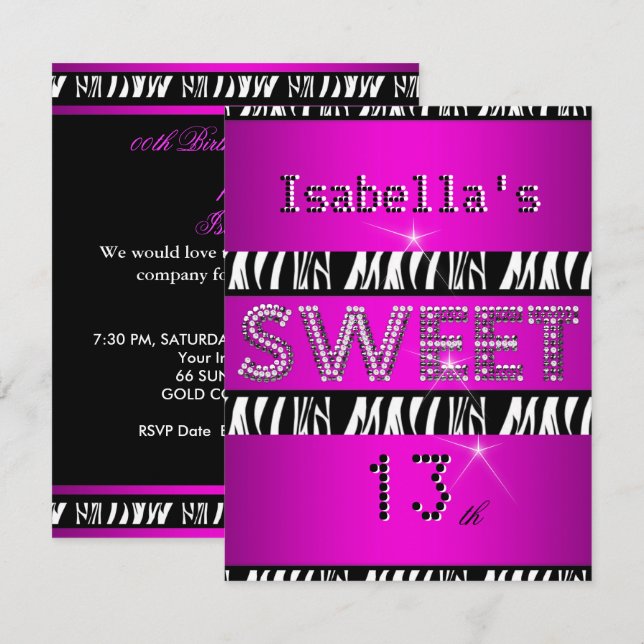 Invitation Sweet 13 13e anniversaire Zebra Hot rose Noir (Devant / Derrière)