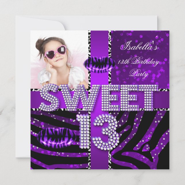 Invitation Sweet 13 13e anniversaire Zebra Parties scintillan (Devant)