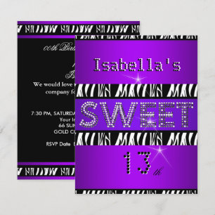 Invitation Sweet 13 13e anniversaire Zebra Purple Black
