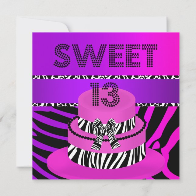 Invitation Sweet 13 13e anniversaire Zebra Purple Pink Cake (Devant)