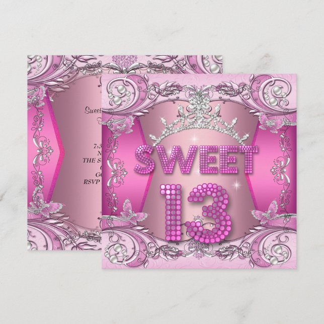 Invitation Sweet 13 13e fête d'anniversaire Pink Silver Tiara (Devant / Derrière)