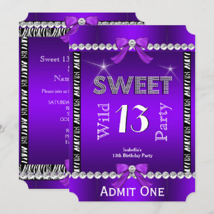 Invitation Sweet 13 Fun Party Zebra Purple Ticket 3