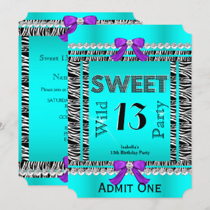 Invitation Sweet 13 Fun Party Zebra Turquoise Bleu violet Bil