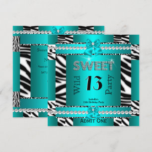 Invitation Sweet 13 Fun Party Zebra Turquoise Blue Ticket 3S