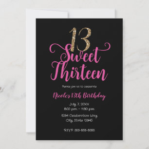 Invitation Sweet 13 Rose Black Gold Treizième fête d'annivers