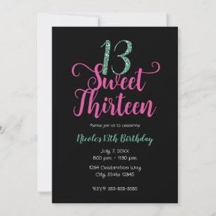 Invitation Sweet 13 Rose Noir Aqua Treizième Anniversaire
