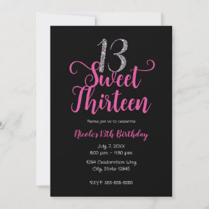 Invitation Sweet 13 Rose & Noir Treizième fête d'anniversaire