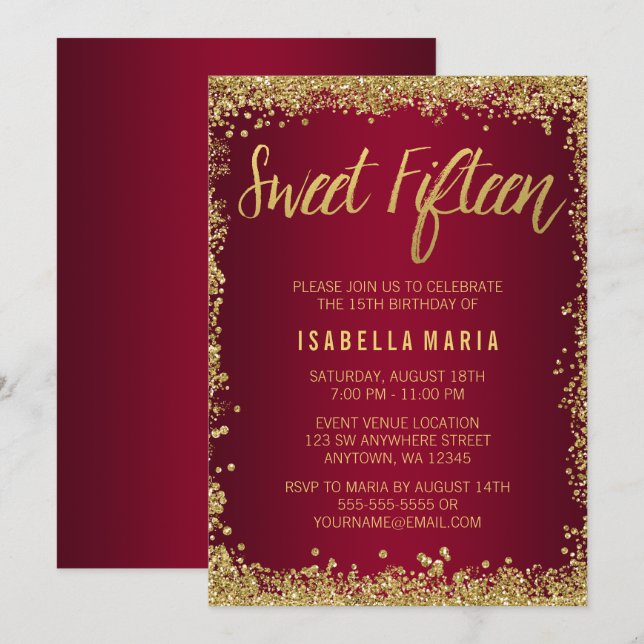 Invitation Sweet 15 Bourgogne Parties scintillant or Quincean (Devant / Derrière)