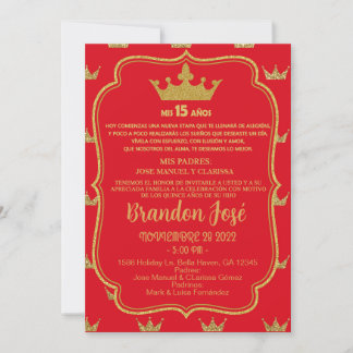 Invitation Sweet 15 quinze rouge or garçon d'anniversaire inv