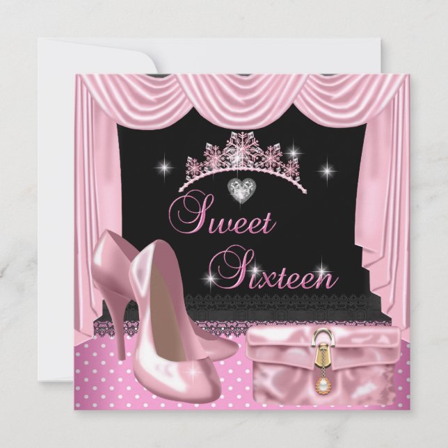 Invitation Sweet 16 16e anniversaire rose noir blanc (Devant)