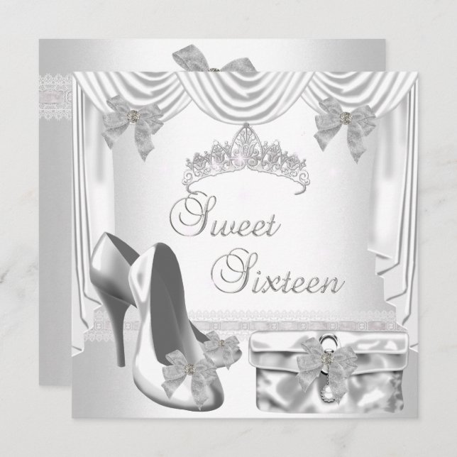 Invitation Sweet 16 16th Birthday Silver White (Devant / Derrière)