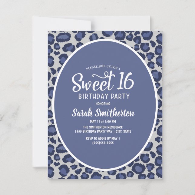 Invitation Sweet 16 à motif léopard bleu (Devant)
