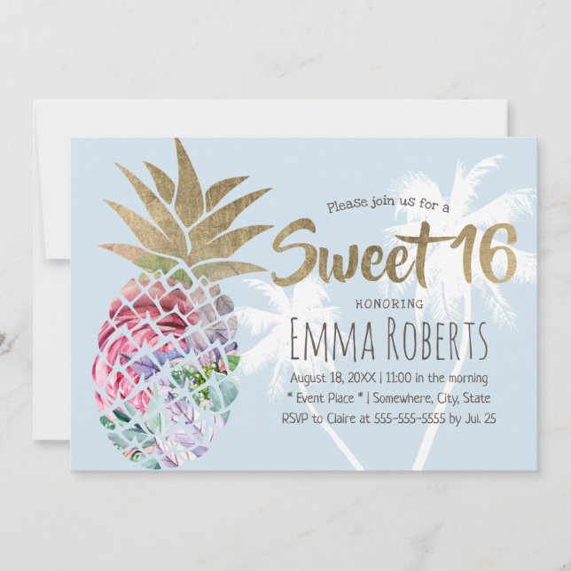 Invitation Sweet 16 Ananas Floral Tropical & Palm Tree (Devant)