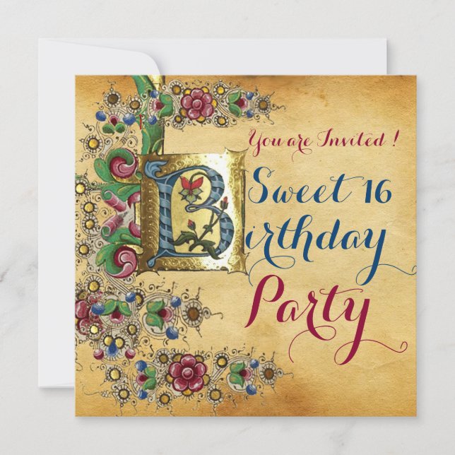INVITATION SWEET 16 ANNIVERSAIRE ANCIEN PARCHEMENT FLORAL (Devant)
