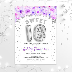 Invitation Sweet 16 Anniversaire - Ballons d'argent violet