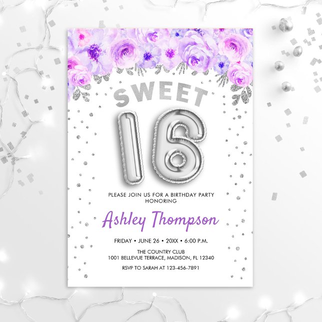 Invitation Sweet 16 Anniversaire - Ballons d'argent violet (Créateur téléchargé)
