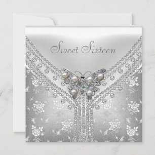 Invitation Sweet 16 Anniversaire Blanc Papillon en argent