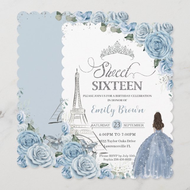 Invitation Sweet 16 Anniversaire Bleu Floral Paris Argent (Devant / Derrière)