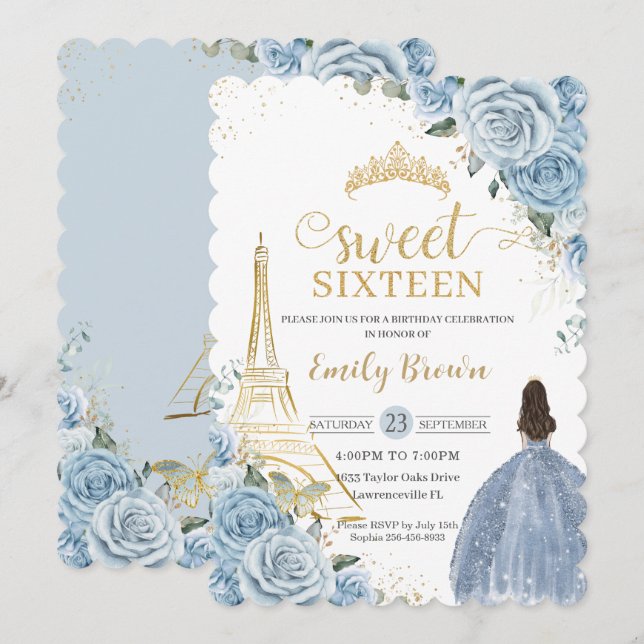 Invitation Sweet 16 Anniversaire Bleu Floral Paris Or (Devant / Derrière)