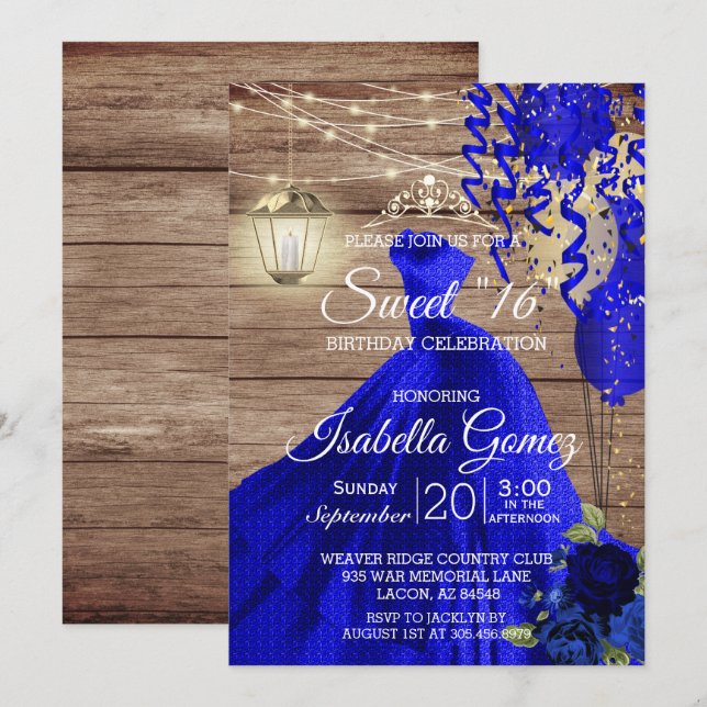 Invitation Sweet 16 Anniversaire - Bois et Fleurs Bleues (Devant / Derrière)
