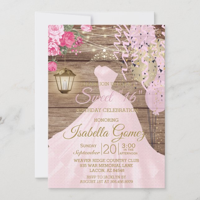 Invitation Sweet 16 Anniversaire - Bois et Fleurs roses (Devant)