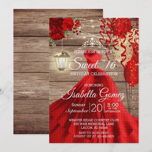Invitation Sweet 16 Anniversaire - Bois et Fleurs rouges (Devant / Derrière)