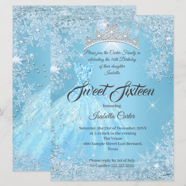 Invitation Sweet 16 Anniversaire Cendrillon Bleu Flocon de ne (Devant / Derrière)