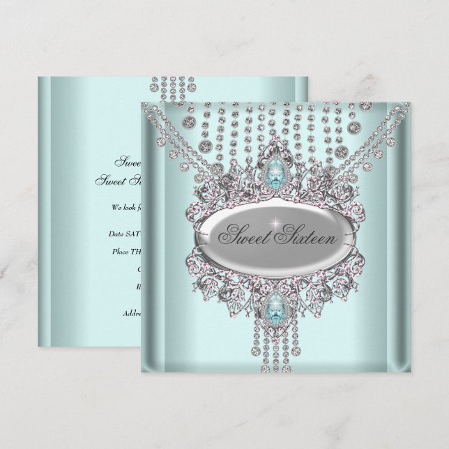 Invitation Sweet 16 Anniversaire de fête Bleu Diamants Blancs (Devant / Derrière)