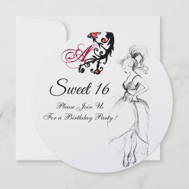 Invitation SWEET 16 ANNIVERSAIRE DE FÊTE MONOGRAM Rouge Black (Devant)