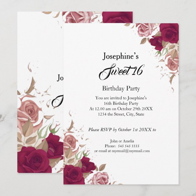 Invitation Sweet 16 Anniversaire de fête Roses roses rouges r (Devant / Derrière)