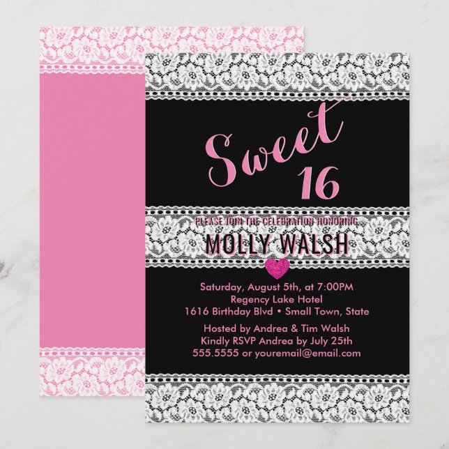 Invitation Sweet 16 Anniversaire Dentelle Black Rose Coeur (Devant / Derrière)