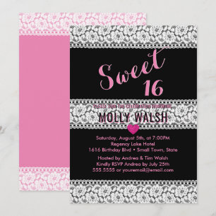 Invitation Sweet 16 Anniversaire Dentelle Black Rose Coeur