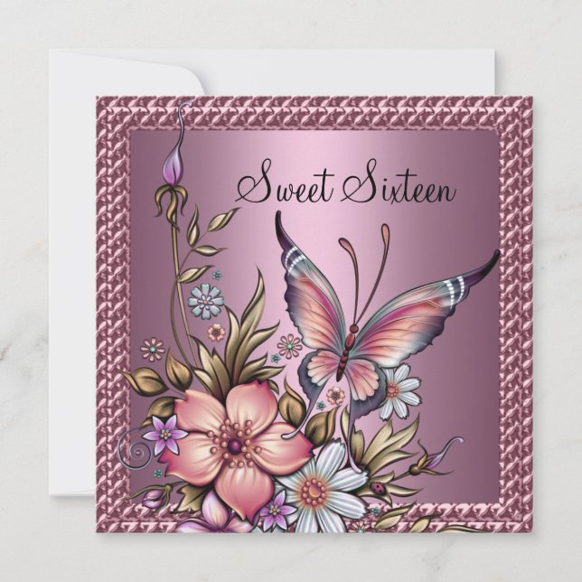 Invitation Sweet 16 Anniversaire élégant papillon floral rose (Devant)