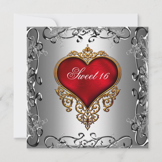 Invitation Sweet 16 Anniversaire fête Argent rouge entendre (Devant)