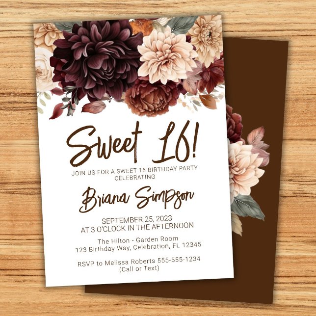 Invitation Sweet 16 Anniversaire Fête Brown Beige Floral (Créateur téléchargé)