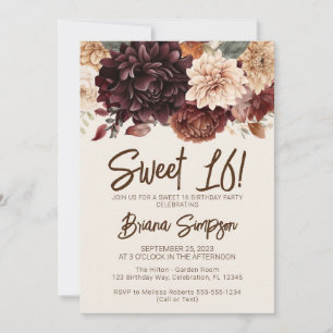 Invitation Sweet 16 Anniversaire Fête Brown Beige Ivory Flora