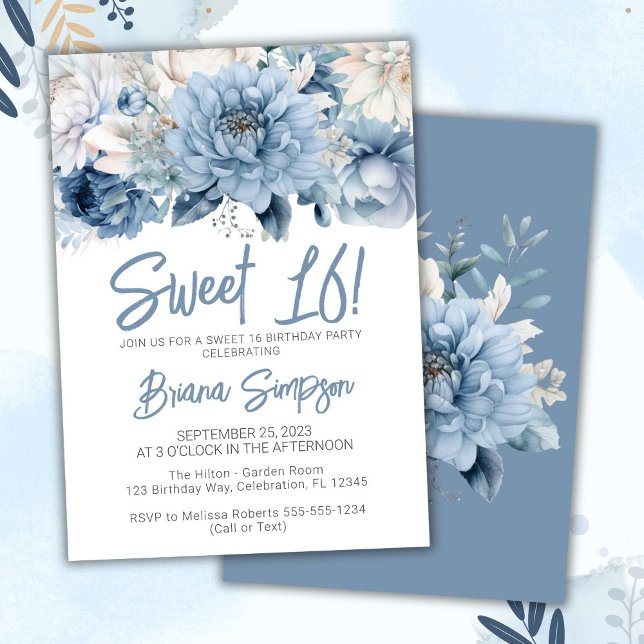 Invitation Sweet 16 Anniversaire fête Dusty Blue Floral (Créateur téléchargé)