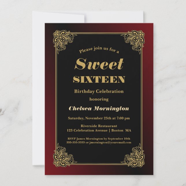 Invitation Sweet 16 Anniversaire Fête Noir Rouge avec cadre O (Devant)