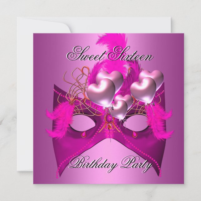 Invitation Sweet 16 Anniversaire Fête Pink Masque Ballons (Devant)