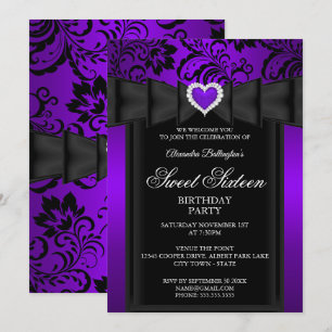 Invitation Sweet 16 Anniversaire fête Purple Heart Damask